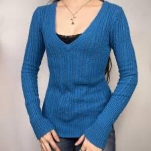 Classic Preppy M‎ V Neck Cable Knit Sweater Blue Cotton Blend Collegiate